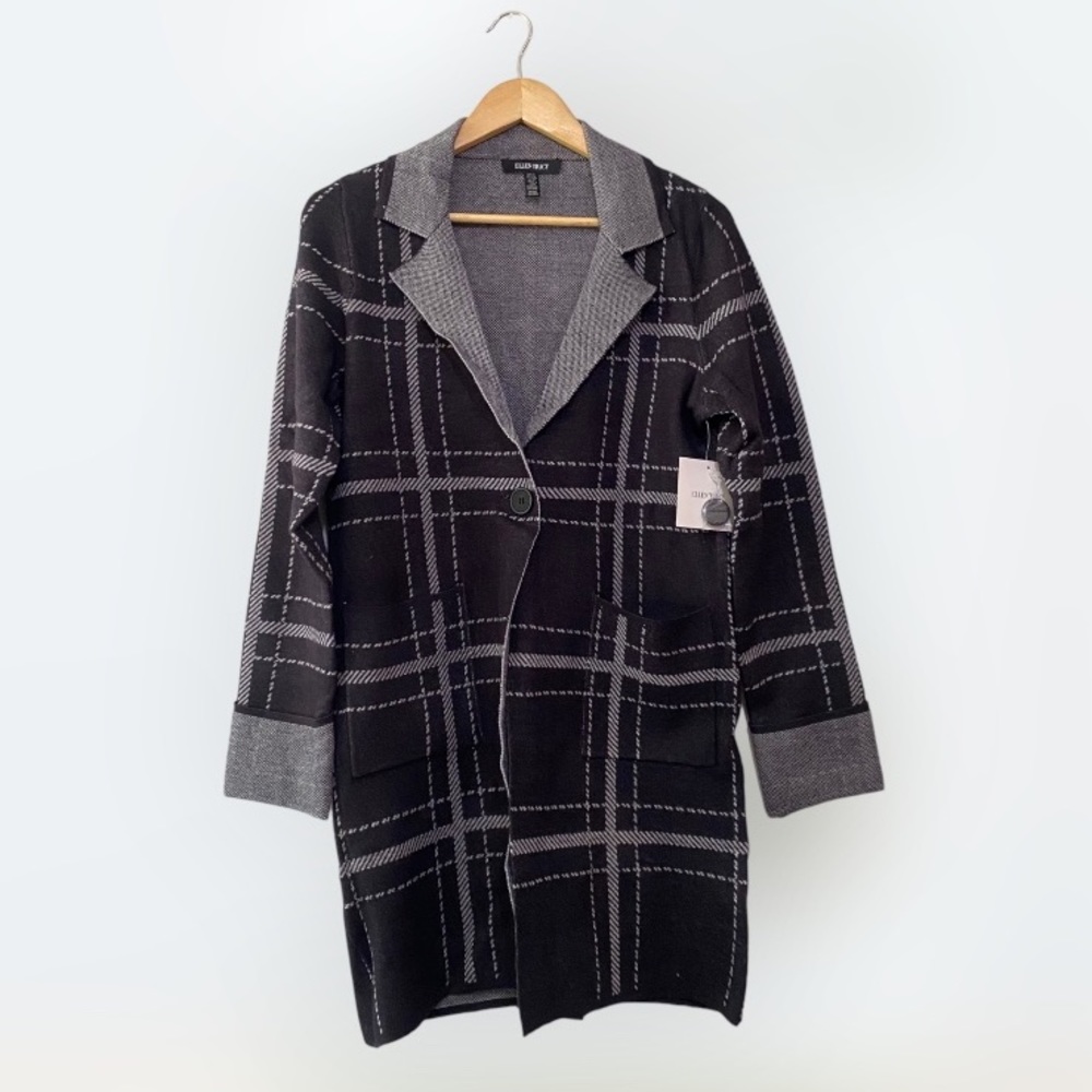 Ellen Tracy sz XS Charcoal Gray Plaid Long Sleeve Heavy Weight Jacquard Sweater